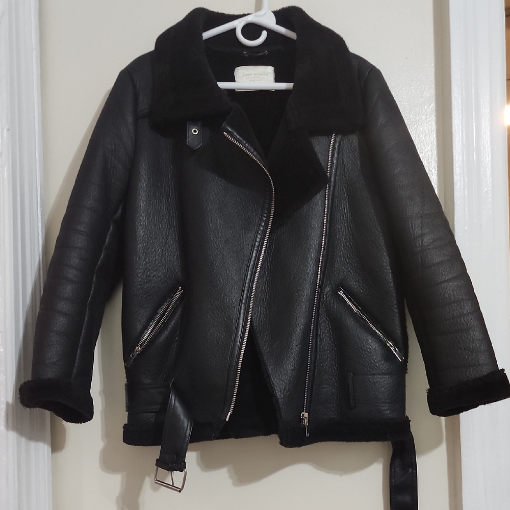 Zara Black Double Face Jacket with Shearling Trim
